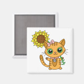 Cute Kawaii Cat Holding Flower Magneet (Voorkant / Achterkant)