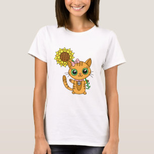Cute Kawaii Cat Holding Flower T-shirt