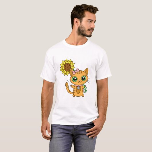 Cute Kawaii Cat Holding Flower T-shirt (Voorkant volledig)