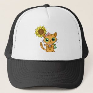 Cute Kawaii Cat Holding Flower Trucker Pet
