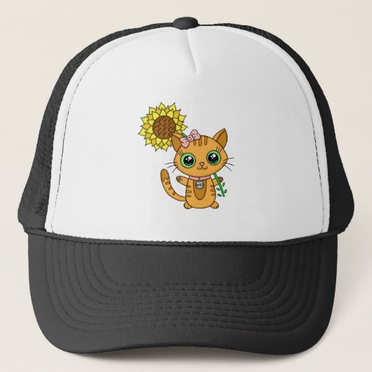 Cute Kawaii Cat Holding Flower Trucker Pet (Voorkant)