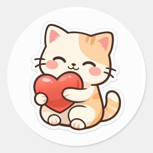 Cute Kawaii Cat Holding Heart – Adorable Love  Ronde Sticker (Voorkant)
