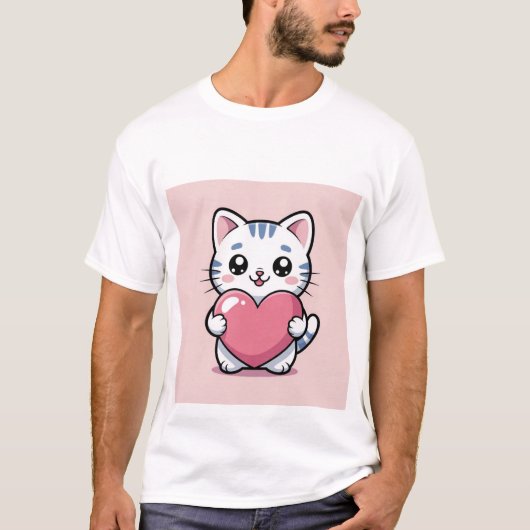 Cute Kawaii Cat Hugging Giant Pink Heart Sticker ✨ T-shirt (Voorkant)