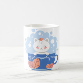 Cute Kawaii Cat in a Blue Teacup Coffee Mug Koffiemok