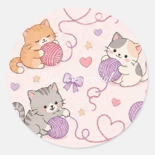 Cute Kawaii Cat Love Yarn Pattern Ronde Sticker (Voorkant)