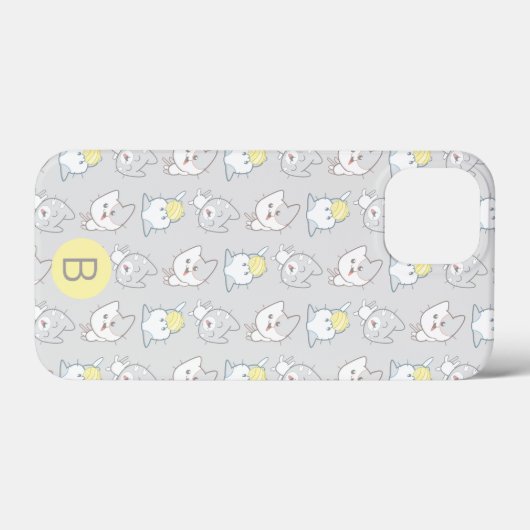 Cute Kawaii Cat Pattern Gray Yellow Monogram Case-Mate iPhone Case (Achterkant (horizontaal))