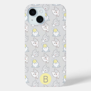 Cute Kawaii Cat Pattern Gray Yellow Monogram iPhone 15 Case