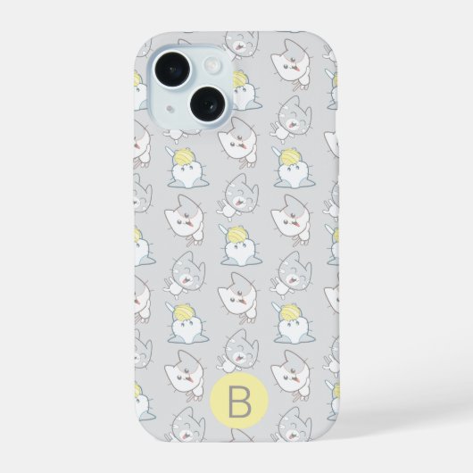 Cute Kawaii Cat Pattern Gray Yellow Monogram iPhone 15 Case (Achterkant)