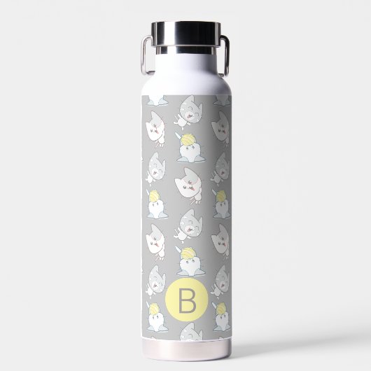 Cute Kawaii Cat Pattern Gray Yellow Monogram Waterfles (Voorkant)