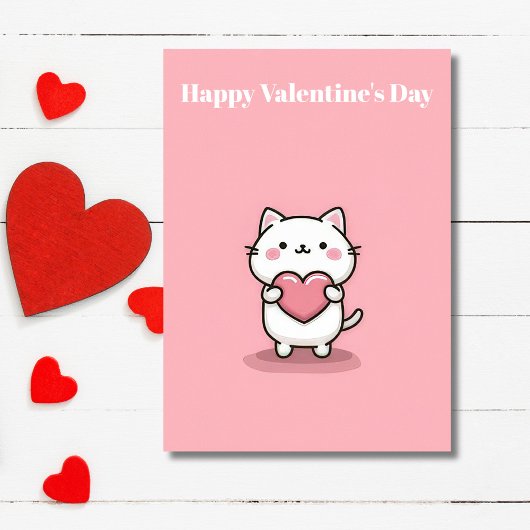 Cute Kawaii Cat with Heart Valentine`s Day Card  Kaart