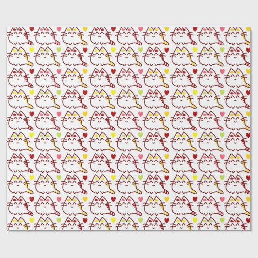 Cute Kawaii Cats and Hearts Pattern Cadeaupapier (Vlak)