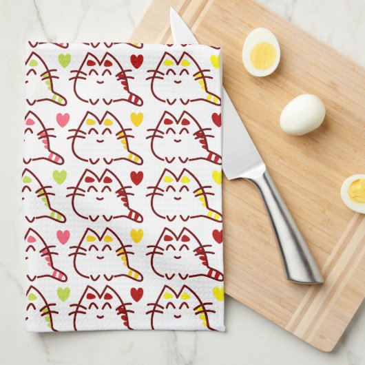Cute Kawaii Cats and Hearts Pattern Theedoek (Quarter Fold)