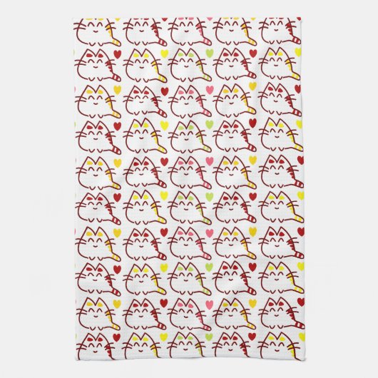 Cute Kawaii Cats and Hearts Pattern Theedoek (Verticaal)