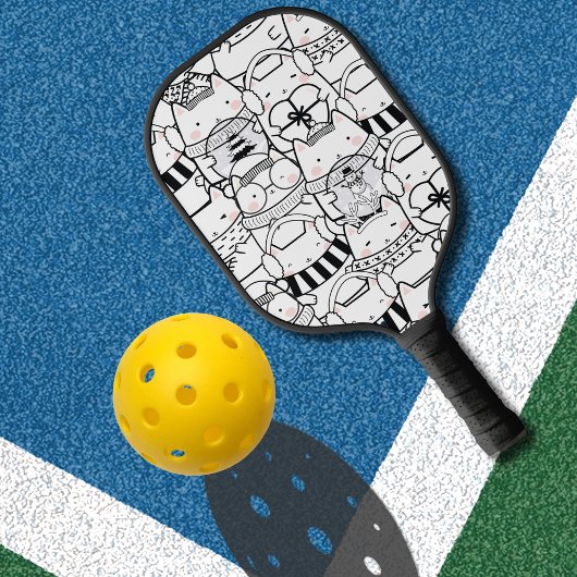 Cute Kawaii Cats in Black and White met roze Pickleball Paddle