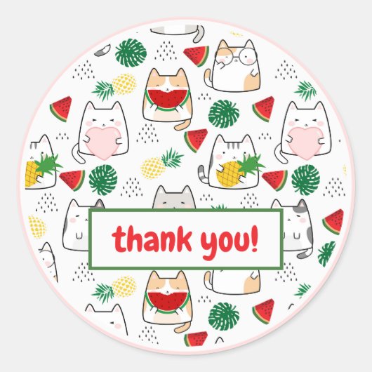 Cute Kawaii Cats Tropical Watermelon Bedankt Ronde Sticker (Voorkant)