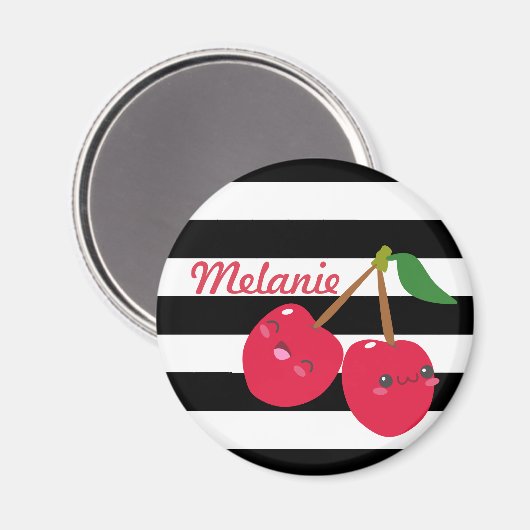 Cute Kawaii Cherry Striped Personalized Magneet (Voorkant / Achterkant)