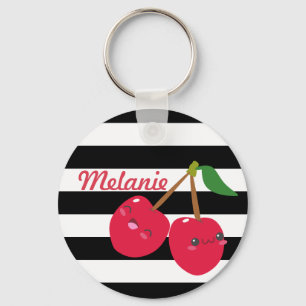Cute Kawaii Cherry Striped Personalized Sleutelhanger