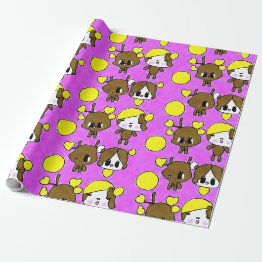 CUTE KAWAII CHIBI MOOSE PINK PAINK CADEAUPAPIER (Uitgerold)