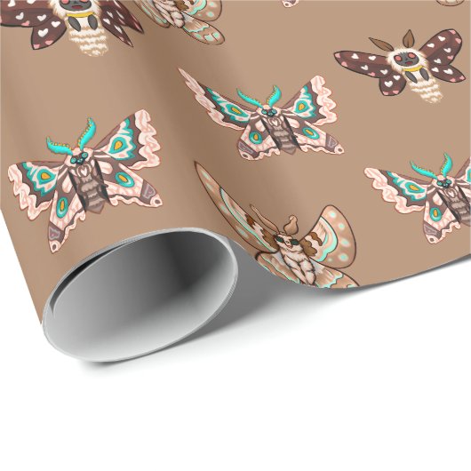 Cute Kawaii Chibi Moths on Coffee Tan Cadeaupapier (Rol Hoek)