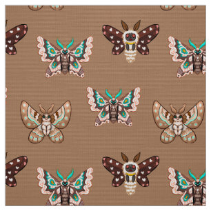 Cute Kawaii Chibi Moths on Coffee Tan Stof
