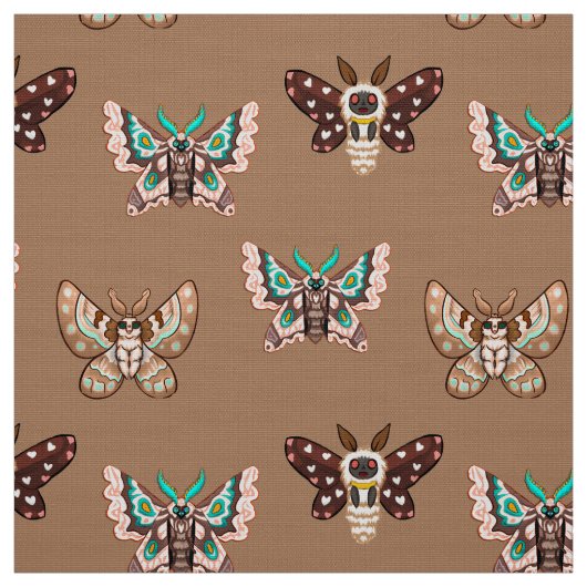 Cute Kawaii Chibi Moths on Coffee Tan Stof (Swatch)