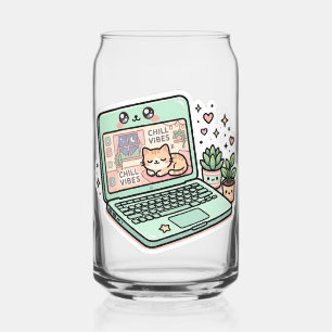Cute Kawaii Chille Sfeer Laptop Kat Potted Plant S Blikvorm Glas