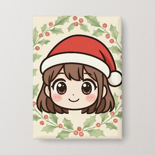 Cute Kawaii Christmas Anime Girl Button  (Voorkant)