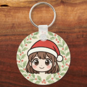 Cute Kawaii Christmas Anime Girl Keychain (Voorkant)
