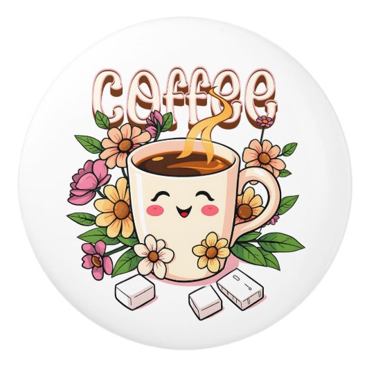 Cute Kawaii Coffee and Flowers Keramische Knop (Voorkant)