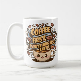 Cute Kawaii Coffee Mug – “Coffee First, Everything Koffiemok