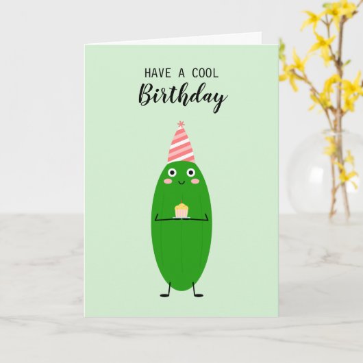 Cute Kawaii Cucumber Cake Vegan Cool Birthday Kaart (Gele Bloem)