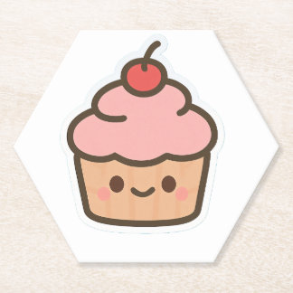 Cute Kawaii Cupcake with Cherry – Happy Face Carto Kartonnen Onderzetters