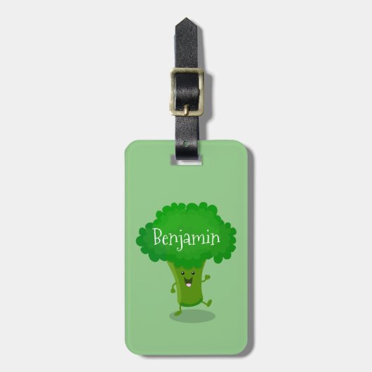 Cute kawaii dansende broccoli cartoon illustratie bagagelabel (Voorkant verticaal)