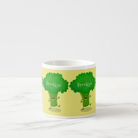Cute kawaii dansende broccoli cartoon illustratie espresso kop (Voorkant)
