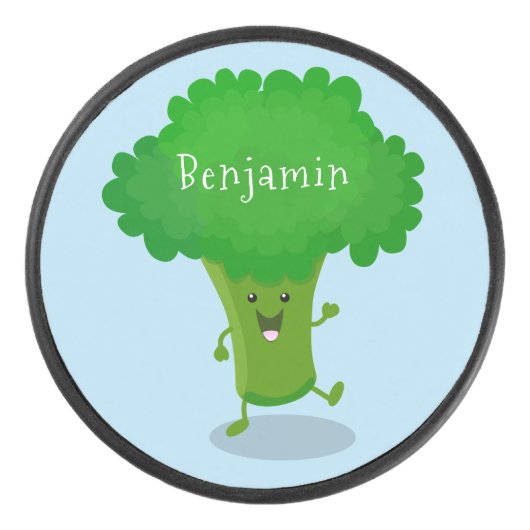Cute kawaii dansende broccoli cartoon illustratie hockey puck (Voorkant)
