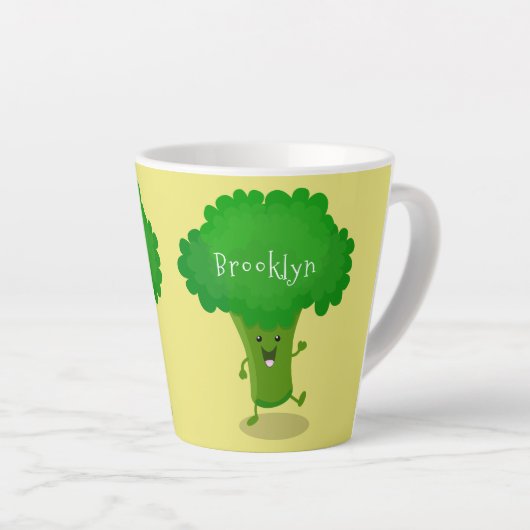 Cute kawaii dansende broccoli cartoon illustratie latte mok (Rechterhoek)