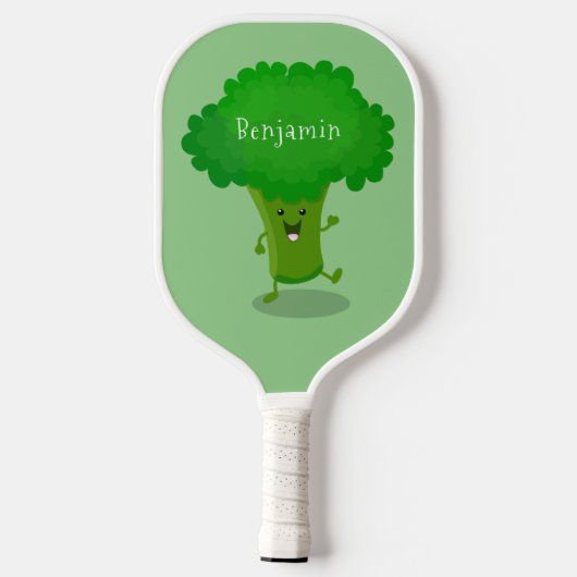 Cute kawaii dansende broccoli cartoon illustratie pickleball paddle (Achterkant)