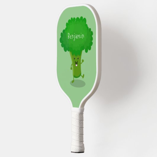 Cute kawaii dansende broccoli cartoon illustratie pickleball paddle (Links)