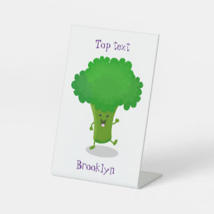 Cute kawaii dansende broccoli cartoon illustratie reclamebord met voetstuk