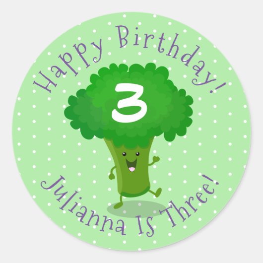 Cute kawaii dansende broccoli cartoon illustratie ronde sticker (Voorkant)