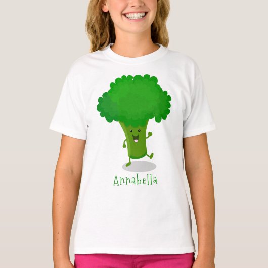Cute kawaii dansende broccoli cartoon illustratie t-shirt (Voorkant)