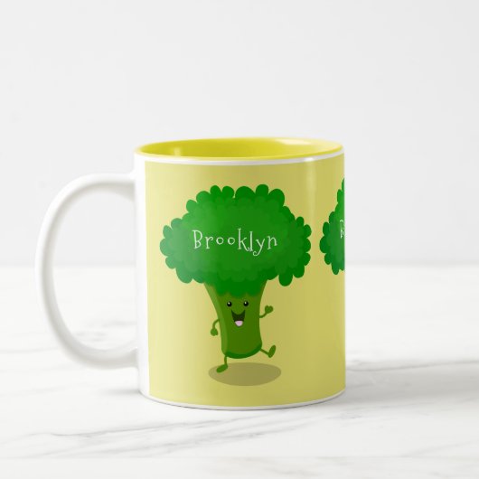 Cute kawaii dansende broccoli cartoon illustratie tweekleurige koffiemok (Links)