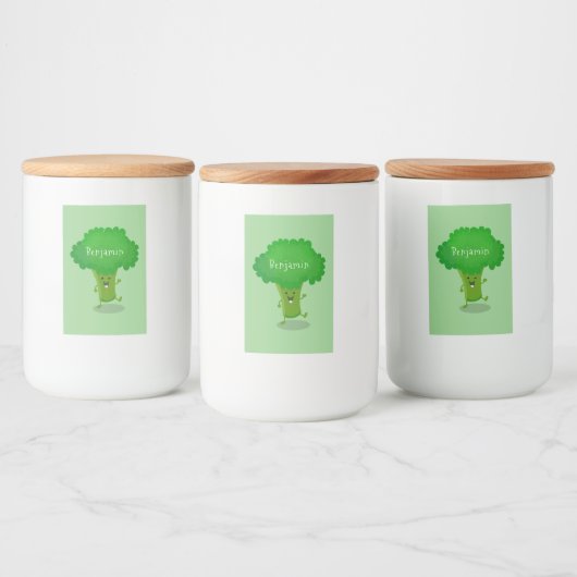 Cute kawaii dansende broccoli cartoon illustratie voedselcontainer etiket (Flessen)