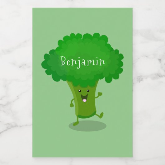 Cute kawaii dansende broccoli cartoon illustratie voedselcontainer etiket (Enkel label)