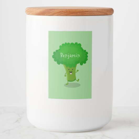 Cute kawaii dansende broccoli cartoon illustratie voedselcontainer etiket (Voorkant)