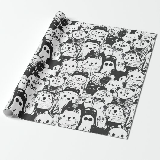 Cute Kawaii Dier Doodle Patroon (1) Cadeaupapier (Uitgerold)