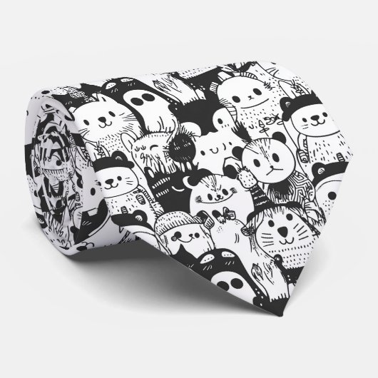 Cute Kawaii Dier Doodle Patroon (1) Stropdas (Opgerold)