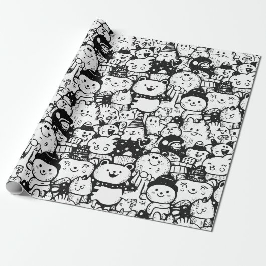Cute Kawaii Dier Doodle Patroon (2) Cadeaupapier (Uitgerold)