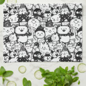 Cute Kawaii Dier Doodle Patroon (2) Theedoek (Gevouwen)