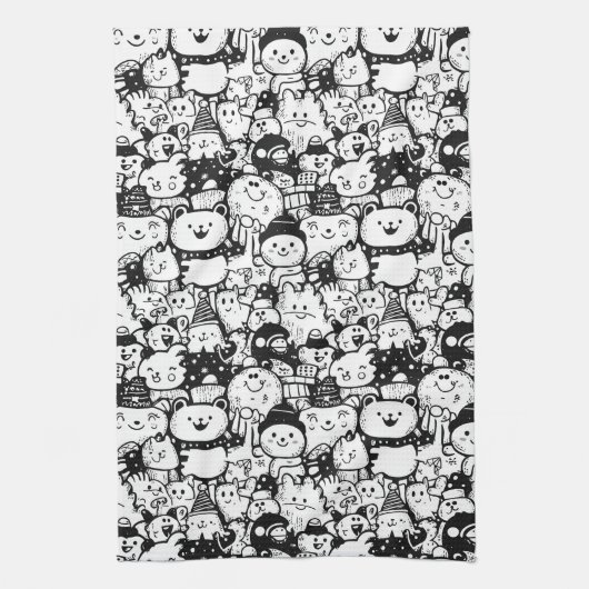 Cute Kawaii Dier Doodle Patroon (2) Theedoek (Verticaal)